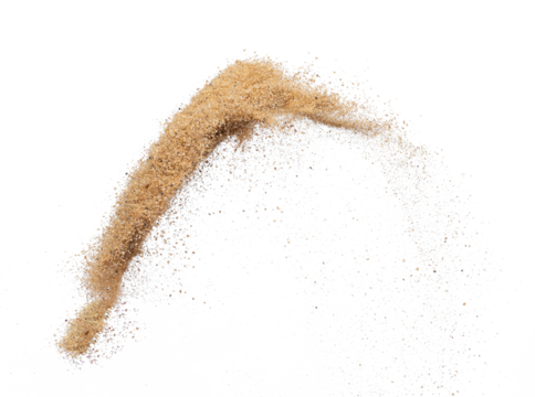 Sand flying explosion, Golden sand wave explode. Abstract sands cloud fly. Yellow colored sand splash throwing in Air. White background Isolated high speed shutter, throwing freeze stop motion, png