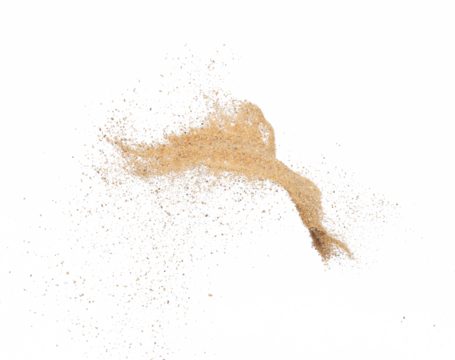 Sand flying explosion, Golden sand wave explode. Abstract sands cloud fly. Yellow colored sand splash throwing in Air. White background Isolated high speed shutter, throwing freeze stop motion, png