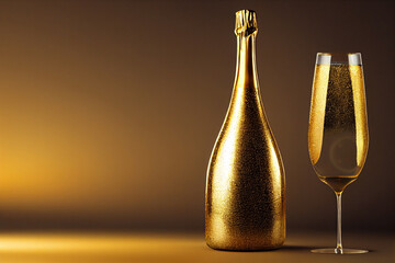 Golden champagne bottle and golden champagne glass for the new year