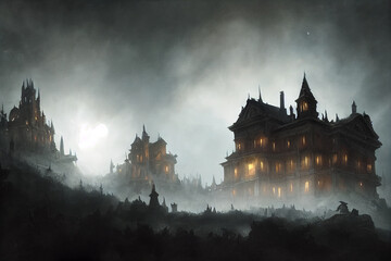 Haunted House on top of a hill, Fantasy, Chiaroscuro, Hyper detailed, Palladian architecture,...