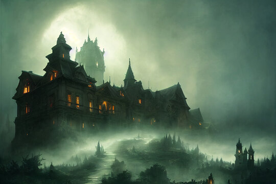 Haunted House on top of a hill, Fantasy, Chiaroscuro, Hyper detailed, Palladian architecture, Dramatic Atmosphere, Adumbral, Supernatural light, Spooky, Daunting, Mysterious. AI GERENATED ART