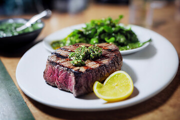 Medium rare,grilled steak with chimichurri verde sauce, cheese sauce all over the steak. Bbq concept