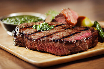 Medium rare,grilled steak with chimichurri verde sauce, cheese sauce all over the steak. Bbq concept