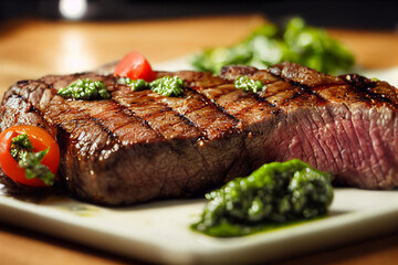 Medium rare,grilled steak with chimichurri verde sauce, cheese sauce all over the steak. Bbq concept