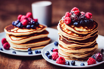 Stack of homemade pancakes with berries, trendy modern desserts, healthy food with cereals.