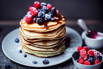 Stack of homemade pancakes with berries, trendy modern desserts, healthy food with cereals.