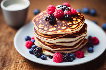 Stack of homemade pancakes with berries, trendy modern desserts, healthy food with cereals.