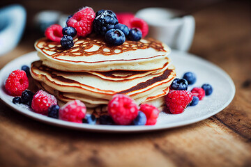 Stack of homemade pancakes with berries, trendy modern desserts, healthy food with cereals.