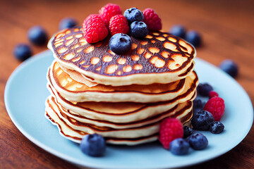 Stack of homemade pancakes with berries, trendy modern desserts, healthy food with cereals.