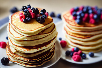 Stack of homemade pancakes with berries, trendy modern desserts, healthy food with cereals.