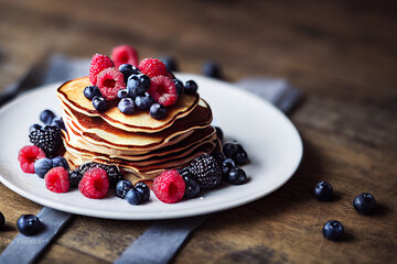 Stack of homemade pancakes with berries, trendy modern desserts, healthy food with cereals.