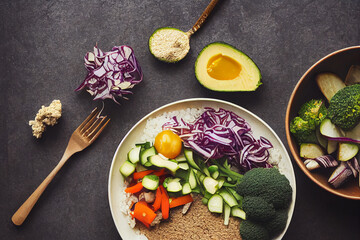 Buddha bowl with mixed vegetables, healthy and nutritious vegan flour, healthy food concept, poke.