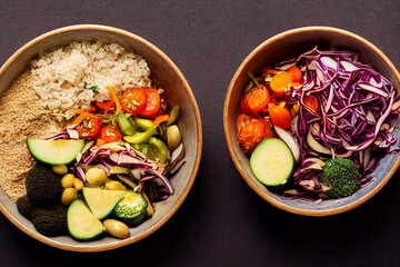 Buddha bowl with mixed vegetables, healthy and nutritious vegan flour, healthy food concept, poke.
