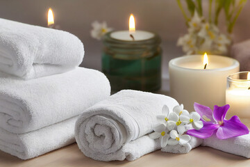 Plakat Natural relaxing spa composition, massage table in wellness center with towels,jasmine flowers salt