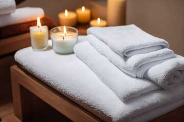 Fototapeta na wymiar Natural relaxing spa composition, massage table in wellness center with towels,jasmine flowers salt