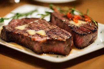 Medium rare,grilled steak with chimichurri verde sauce, cheese sauce all over the steak. Bbq concept