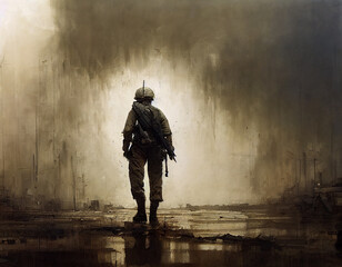 Fototapeta na wymiar Moder warfare soldier illustration, chaos war place, military concept patriotic