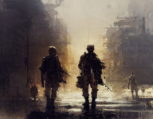 Fototapeta premium Moder warfare soldier illustration, chaos war place, military concept patriotic