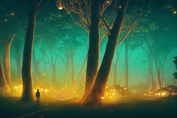 Tree House Village at Night, Forest, Glowing lights, Fireflies, Rope bridges, Epic composition, ai generated art