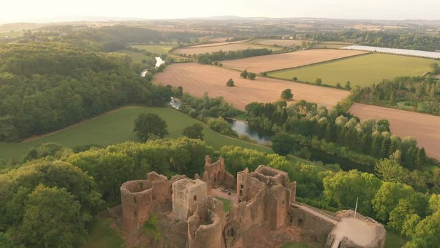 Aerial drone shot of Normal Medieval ruins of Goodrich Castle in England