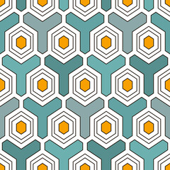 Contemporary honeycomb geometric pattern. Repeated hexagon ornament. Modern mosaic tiles background. Seamless surface abstract design. Geo wallpaper. Digital paper, textile print. Vector illustration