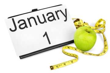 January 1 on  calendar with  fruit and tape measure, new years resolutions of healthy lifestyle