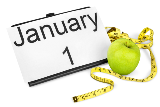 January 1 on  calendar with  fruit and tape measure, new years resolutions of healthy lifestyle - Powered by Adobe