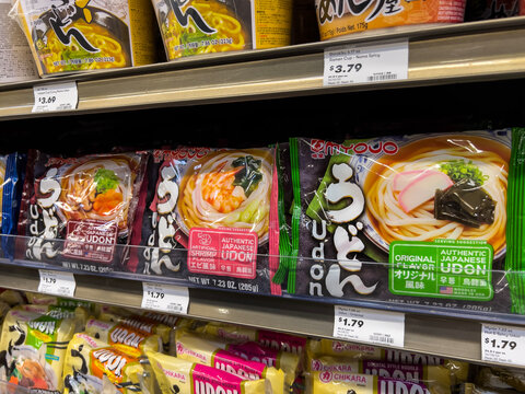 Mill Creek, WA USA - circa November 2022: Close up view of instant udon noodles for sale inside a Town and Country Market