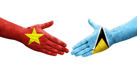 Handshake between Saint Lucia and Vietnam flags painted on hands, isolated transparent image.