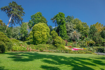 Idyllic mediterranean garden and flowers at sunny springtime in Lake Como, Italy