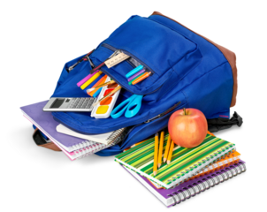 Classic school backpack with colorful school supplies and books