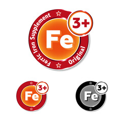Ferric iron supplement, round badge or label, modern looking metallic, red and orange colored icon, vector illustration