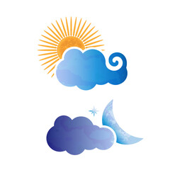 Sun and moon behind clouds, day and night textured Icons, vector illustration