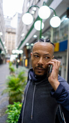 black man talks on cellphone and listens to music on an afternoon in the city