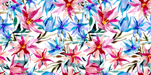 Fototapeta na wymiar Seamless pattern with pink, blue flowers on a white background. Floral watercolor pattern for textiles, design, factory. Abstract spring print with flowers