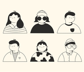 Hand drawn doodle set of people faces. Perfect for social media, avatars. Portraits of various men and women. Trendy black and white icons collection. Vector illustration.