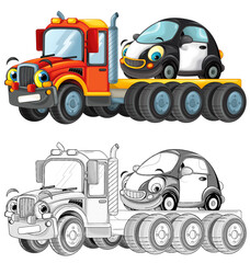 cartoon tow truck driving with load other car isolated