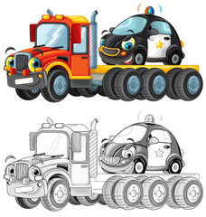 cartoon tow truck driving with load other car isolated