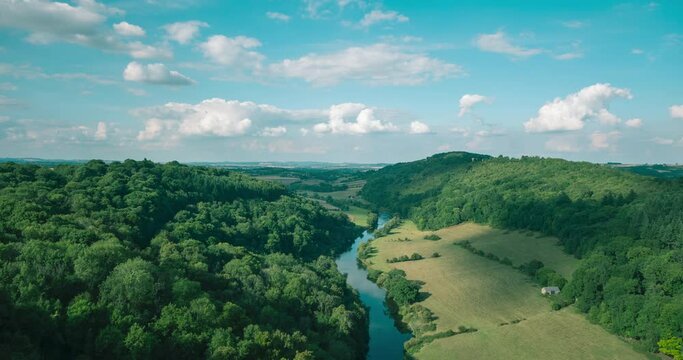 Time lapse of green countryside landscape around River Wye in Monmouth, UK