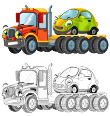 cartoon tow truck driving with load other car isolated