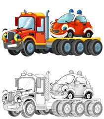 Obraz premium cartoon tow truck driving with load other car isolated