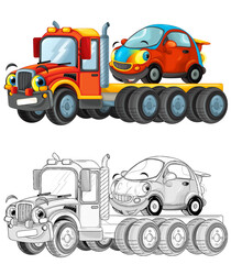 Obraz premium cartoon tow truck driving with load other car isolated
