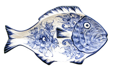 Beautiful fish shaped and decorated ceramic dish, transparent PNG.