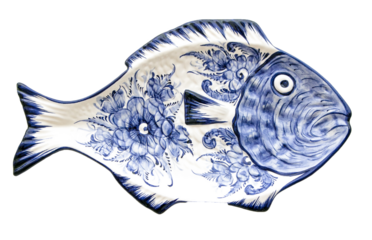 Beautiful fish shaped and decorated ceramic dish, transparent PNG.