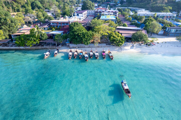 Aerial view of long tail boats in Thailand