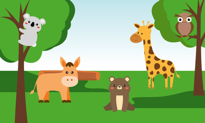 Plakat Cute jungle animals in cartoon style, wild animal, zoo designs for background illustration
