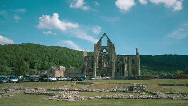 Time lapse of clouds over ancient ruins of Tintern Abbey, Wales, UK