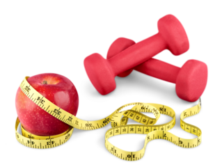 Dumbbells with measuring tape and apple isolated on white background