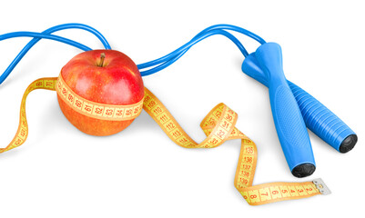Fresh apple with measuring tape and jumping rope isolated on white