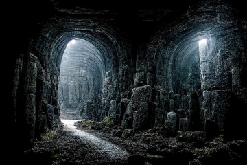 Dark dungeon catacomb underground tunnel spectacular halloween passage 3D illustration - obrazy, fototapety, plakaty